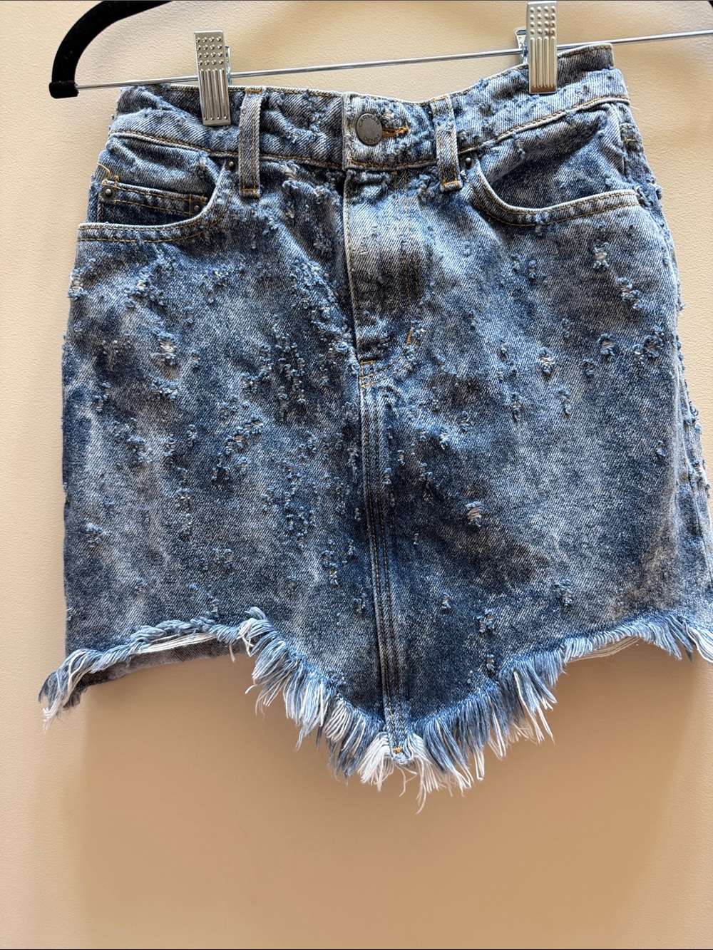Carmar Blue Distressed Denim Mini Skirt with Frayed V-Hem
